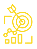 An icon of an arrow on a bulls-eye above a line graph that is above a bar graph